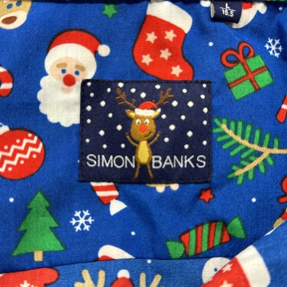 Simon Banks NWT Blue Christmas Print Holiday Long Sleeve Button Down Shirt - Picture 5 of 8